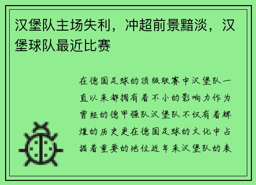 汉堡队主场失利，冲超前景黯淡，汉堡球队最近比赛