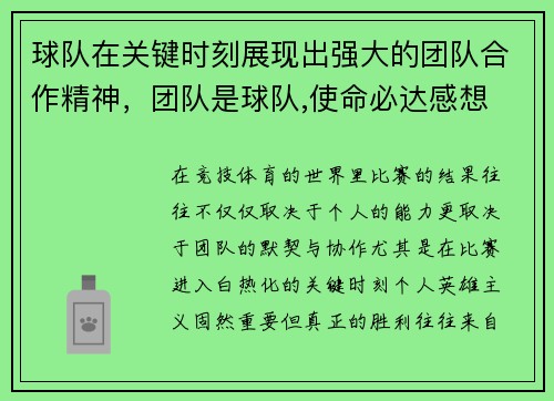 球队在关键时刻展现出强大的团队合作精神，团队是球队,使命必达感想