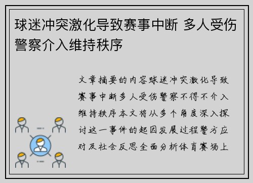 球迷冲突激化导致赛事中断 多人受伤警察介入维持秩序