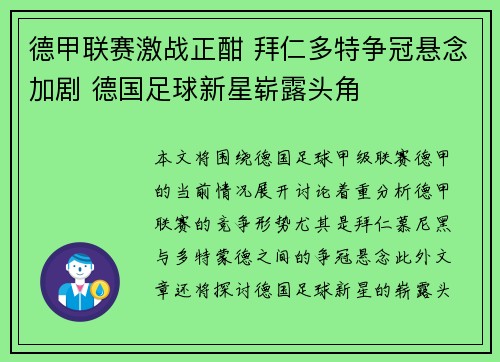 德甲联赛激战正酣 拜仁多特争冠悬念加剧 德国足球新星崭露头角
